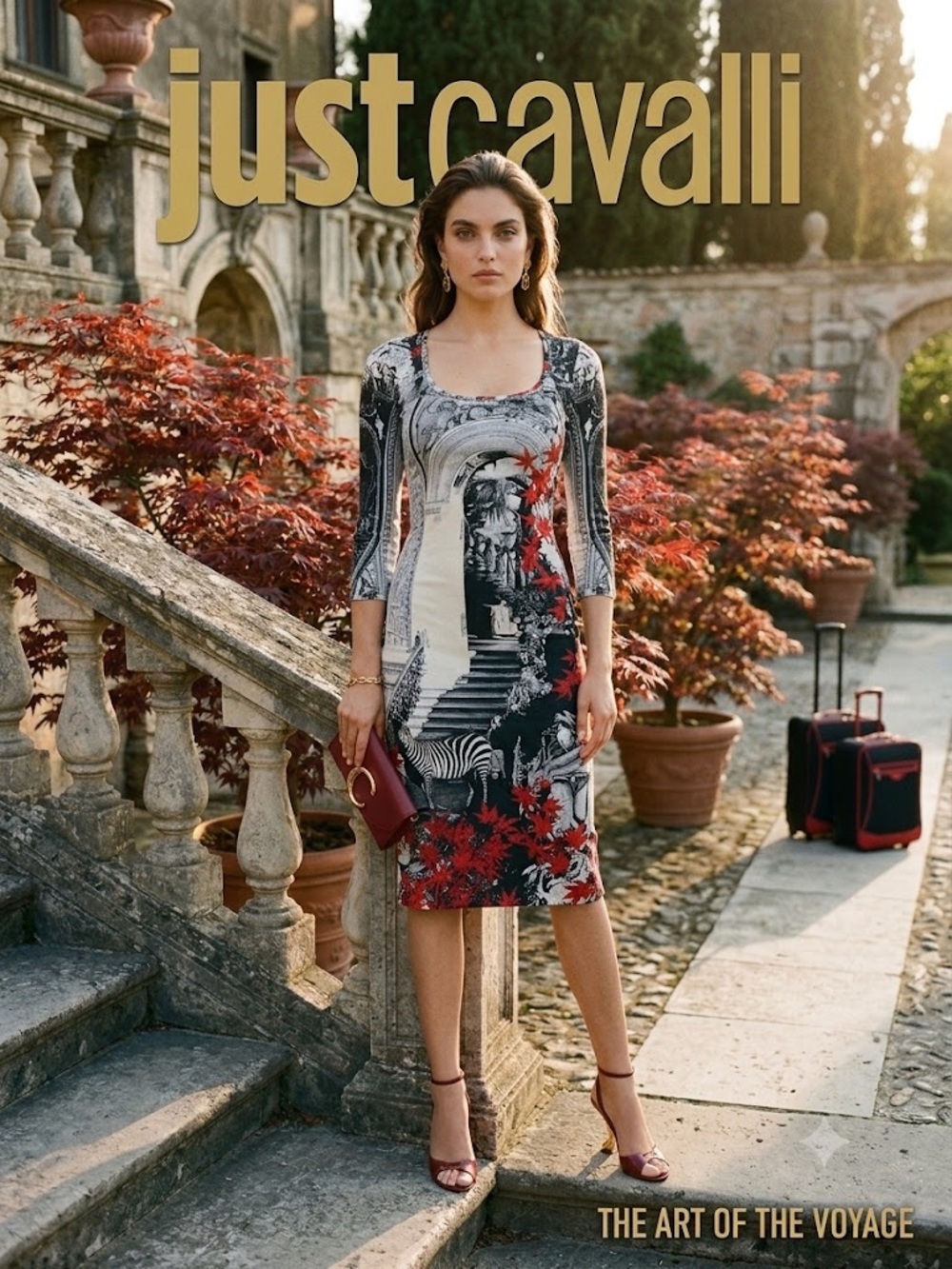 Just Cavalli Multicolor Printed Midi Dress with Red Accents
